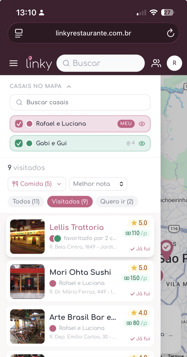 Lista do Linky no celular: casais no mapa e restaurantes visitados com nota e preço por pessoa.