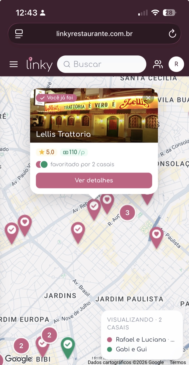 Mapa do Linky no celular: restaurantes marcados por amigos, com a Lellis Trattoria em destaque e as notas da turma.